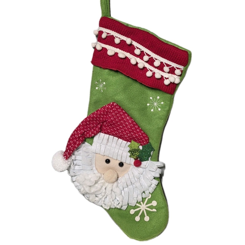 Holiday Time Christmas Stocking  3-D Santa Clause & Snowflakes Red‎ Green